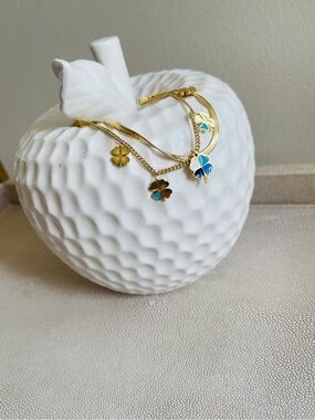 Gold Four-Leaf Clover Charm Bracelet with Blue Enamel Accents. K18 Gold Plated!!